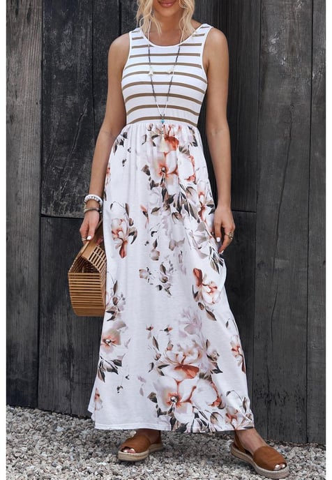 Women's Floral Print Sleeveless Maxi Dress with Pocket in White - Image 5