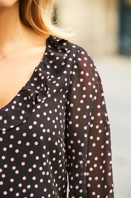 Black & Pink Spot Print Ruffle Neck Shift Dress