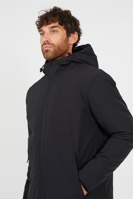 Black Quilted Soft Shell Hooded Parka Jacket