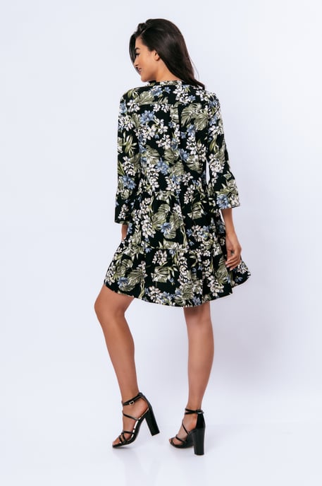 Khaki, ecru en blauwe bloemenjurk met klokmouwen - Image 4