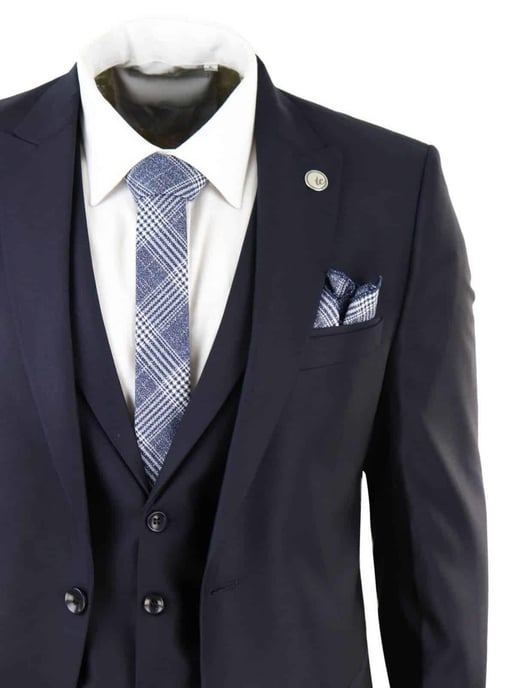 Mens 3 Piece Suit Plain Navy Classic Tailored Fit Smart Casual 1920s Formal