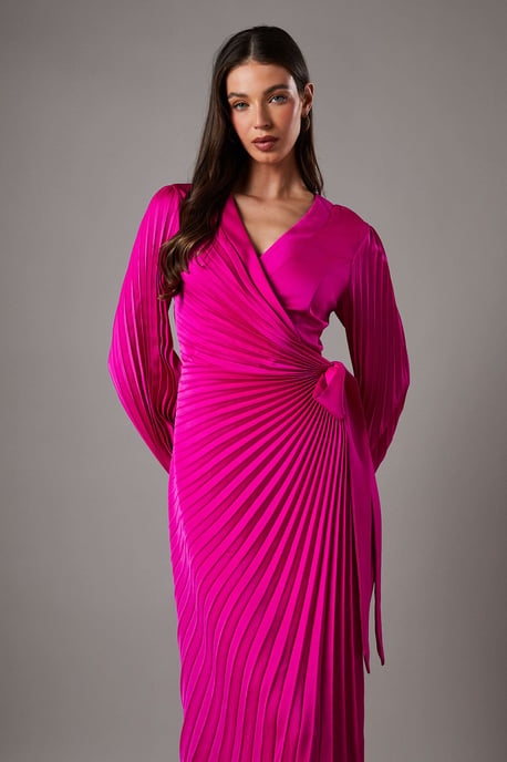 Satin Pleated Wrap Dress