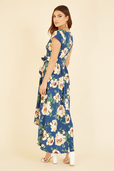 Mela Blue Painted Floral Print Dipped Hem Wrap Dress