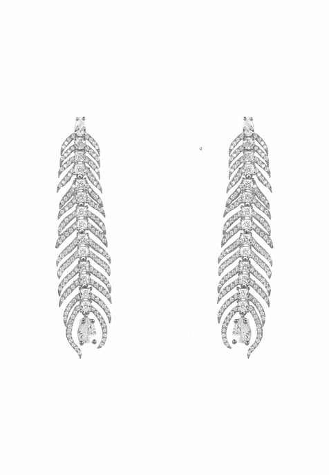 Peacock Feather Elongated Drop Earrings Silver
