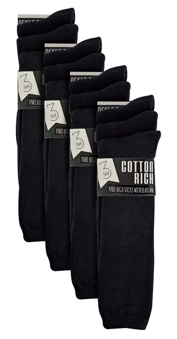 12 Pair Multipack Girls Knee High Socks | Breathable Long Cotton School Socks | Color Option - Grey, Black, White, Blue - Black - Image 2