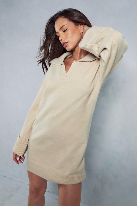 Brushed Knit V Neck Collared Jumper Dress