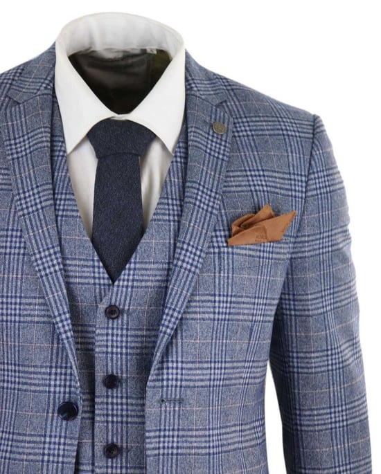 Mens 3 Piece Blue Grey Tweed Check Vintage Retro Suit - Image 4