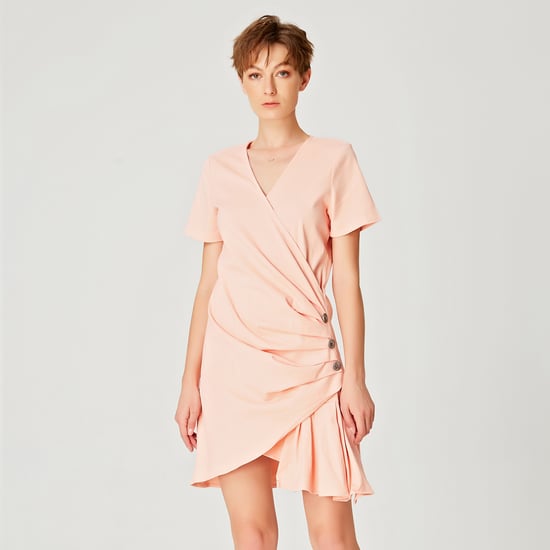 Robe courte asymétrique draperad i popeline - Image 1