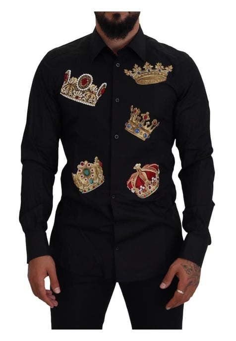 Dolce & Gabbana Men's Black Gold Crown Slim Fit Dress Formal Shirt - Image 1
