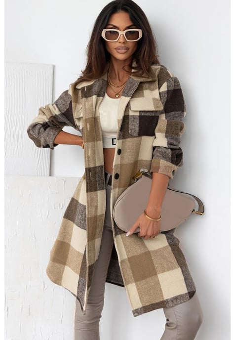 Women's Plaid Button-Down Long Shacket in Khaki - Image 3