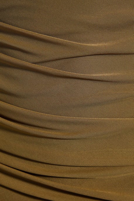 Mesh Asymmetric Neckline Strap Detail Ruched Column Maxi Dress