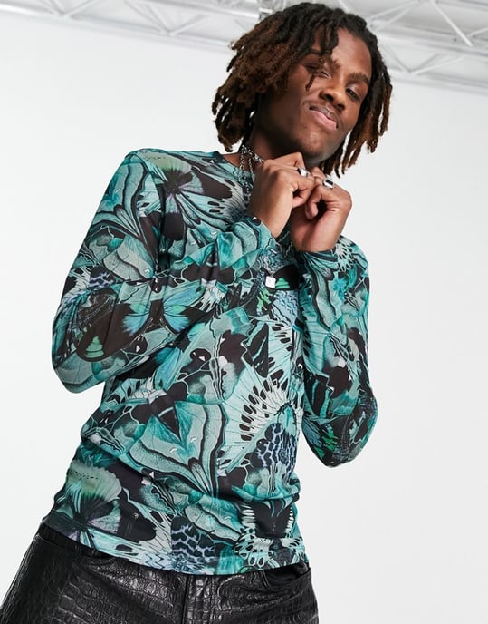 ASOS DESIGN muscle long sleeve t-shirt in green and black printed mesh