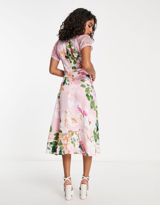 Liquorish Petite a line lace detail midi dress in floral-Multi