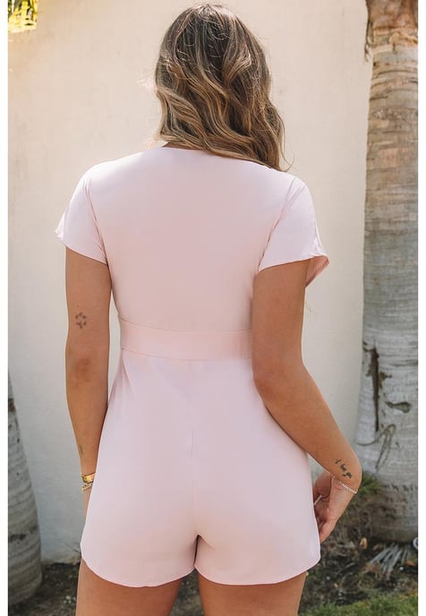 Women's Deep V Neck Buttoned High Waist Romper in Pink - Image 3