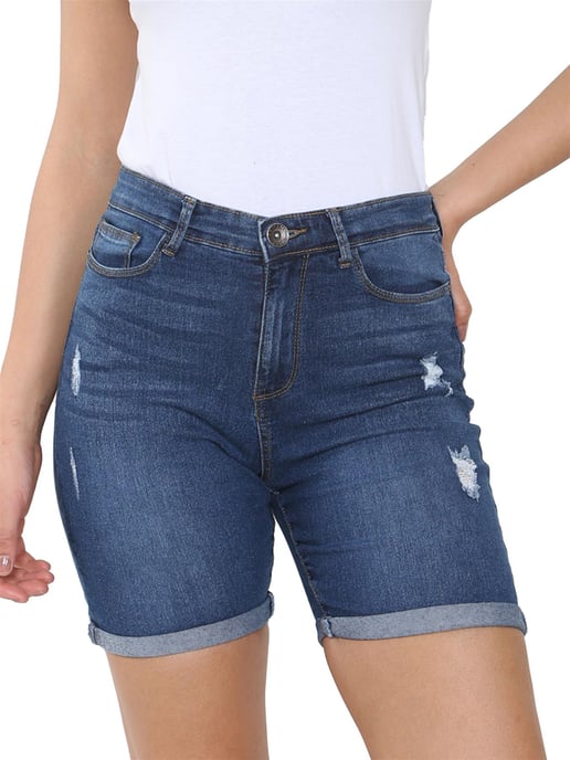 Enzo | Womens Ripped Denim Shorts - Mid Blue - Image 4
