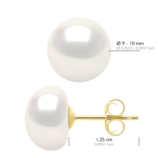 Earrings Yellow Gold - Real Cultured Freshwater Pearls Button 9-10 mm