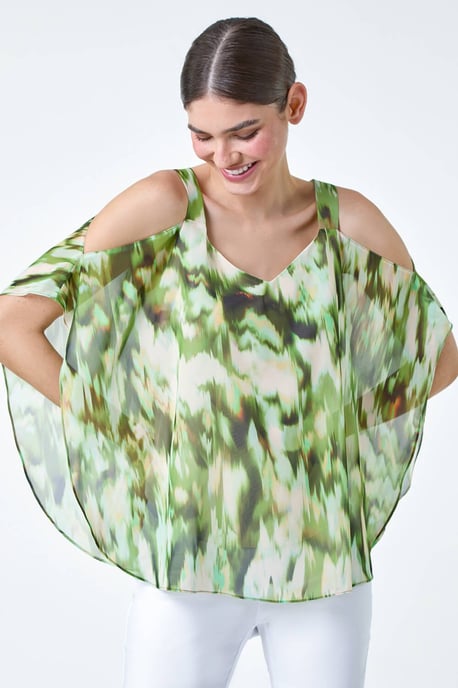 Abstract V-Neck Cold Shoulder Overlay Top