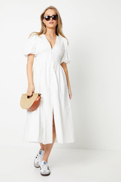 Broderie Puff Sleeve Button Through Midi Dress