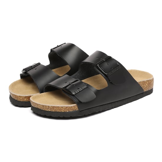 EVER AU Men Duck Leather Twin Buckle Sandals - Black Leather