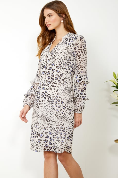 Cream Abstract Animal Print Ruffle Sleeve Dress
