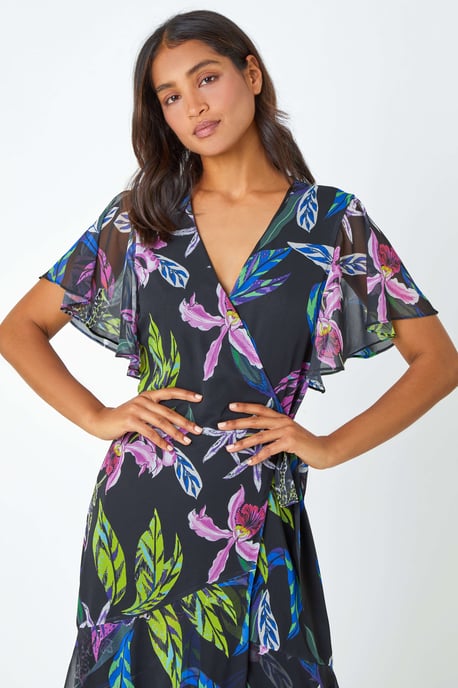 Tropical Print Tiered Midi Wrap Dress
