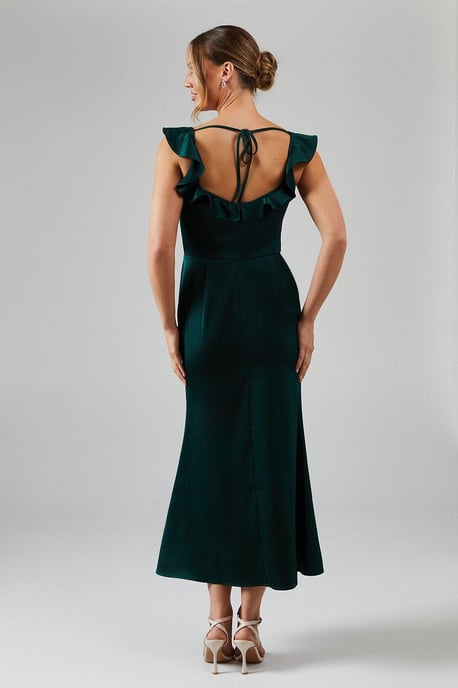 Ruffle Square Neck Satin Bridesmaids Midi Dress - Image 3