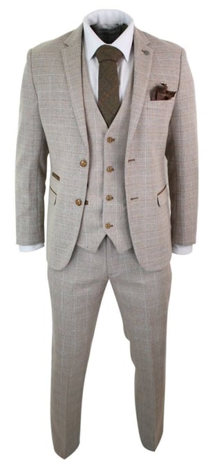 Mens 3 Piece Beige Tweed Check Vintage Retro Suit - Image 4