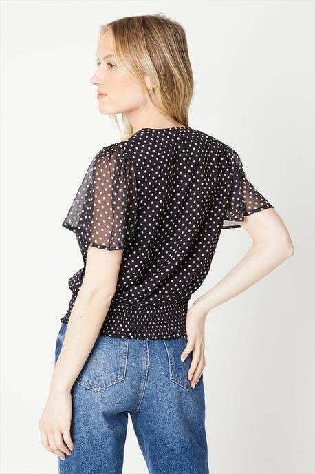 Spot Chiffon Shirred Hem Wrap Blouse - Image 3