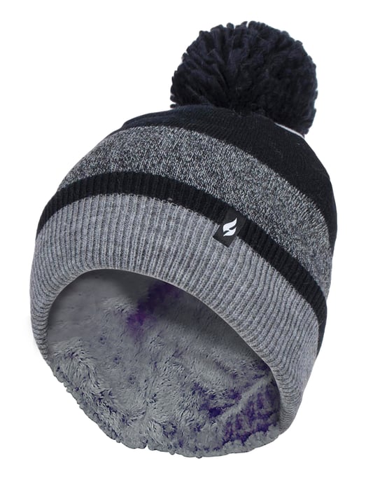Heat Holders - Ladies Warm Knit Fleece Lined Winter Warm Hat with Pom Pom - Black / Grey - Image 1