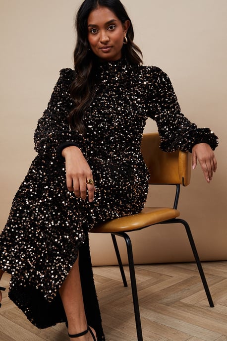 Occasion Velvet Sequin High Neck Midi Dress - Image 4