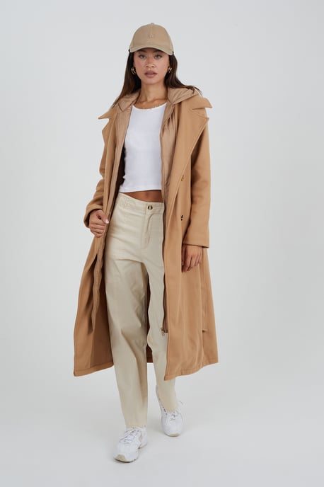 Camel Faux Wool Maxi Hooded Trench Coat