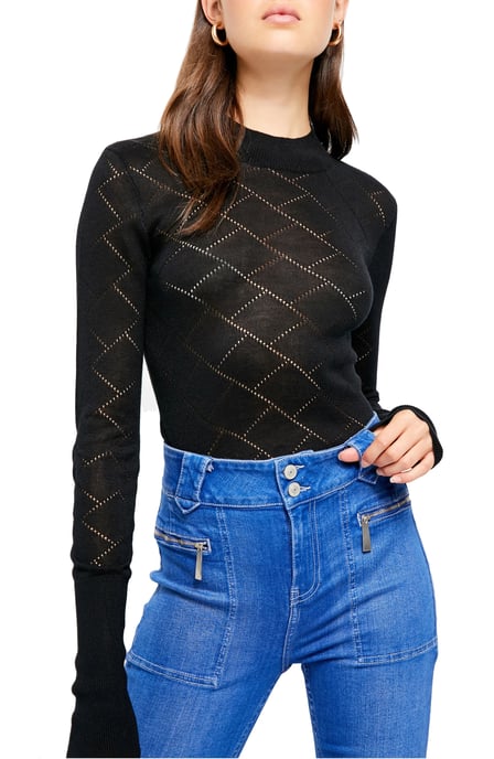 Free People Women's Bodysuit Black Long-Sleeve Diamond
