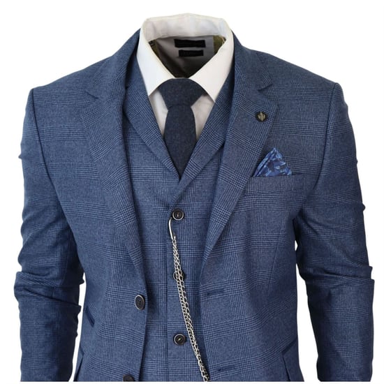 Heren 3-delig Blauwe Prince Of Wales Ruiten Pak - Image 3