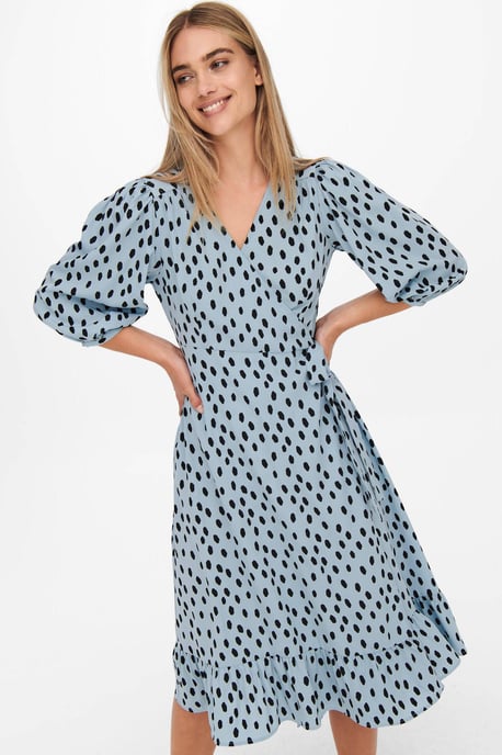 ONLY wikkeljurk ONLOLIVIA met all over print en volant lichtblauw/zwart