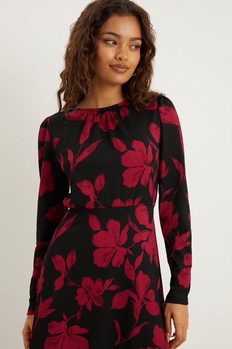 Petite Red Floral Puff Sleeve Fit And Flare Mini Dress