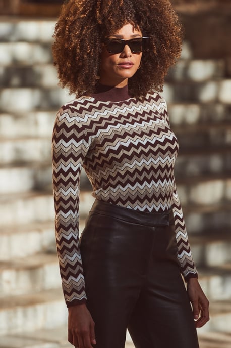 Chocolate Brown Metallic Chevron High Neck Jumper