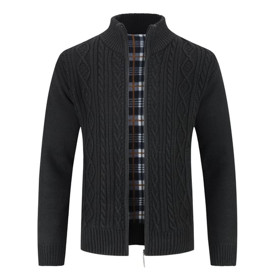 Men's Cardigan with Zip Cardigan Chunky Knit with Stand-Up Collar for Winter Black