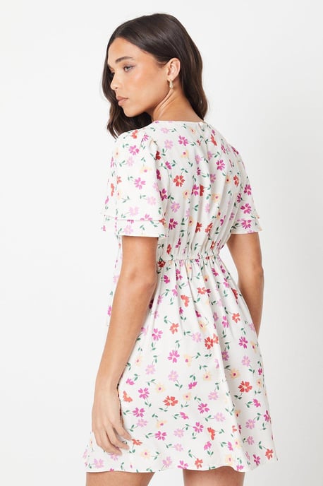 Petite Ivory Floral Angel Sleeve Empire Seam Mini Dress