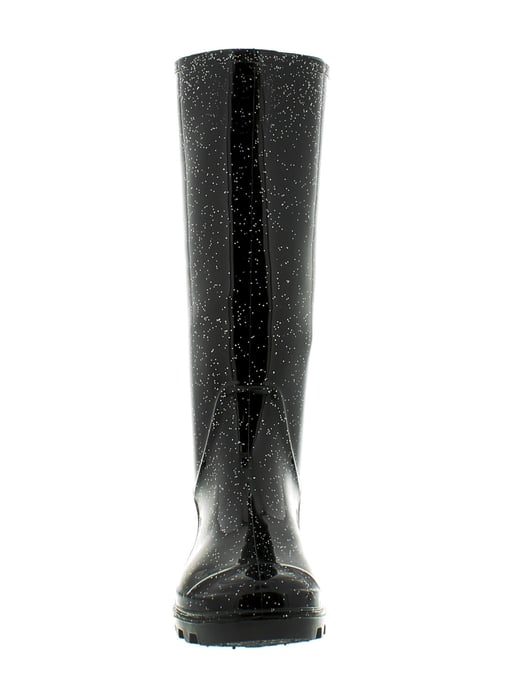 Womens/Ladies Black Long Leg Pvc Wellingtons With A Glitter Finish.