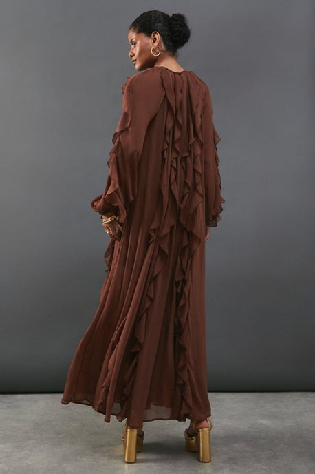 Chiffon Ruffle Blouson Sleeve Maxi Dress