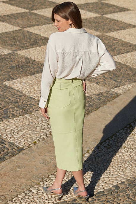 Powder Green Leather Pencil Midi Skirt
