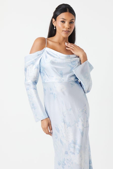 Printed Long Sleeve Cowl Bridesmaids Dress