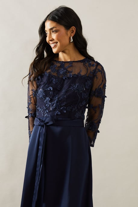 Satin And Mesh Overlay Fit And Flare Dress