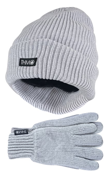 Ladies Thinsulate Hat and Gloves Set | THMO | Soft Chenille Ribbed Beanie Hat & Gloves for Women - Grey - Image 1