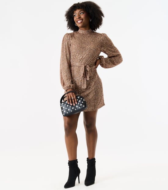 High Neck Long Sleeves Belted Sequin Dress