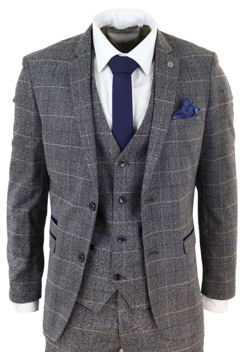 Heren 3-delig grijs met blauw geruit vintage klassiek pak - Image 1