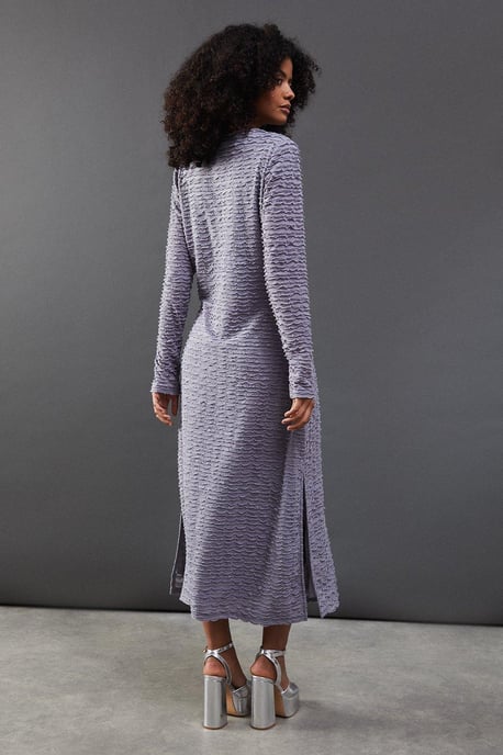 Textured Mesh Stand Neck Midi Dress