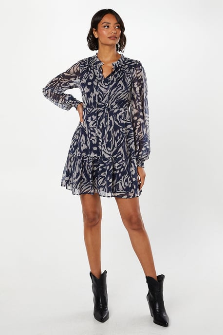 Navy Animal Chiffon Ruffle Hem Long Sleeve Mini Dress