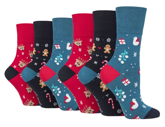 Gentle Grip - 6 Pairs Ladies Novelty Christmas Socks - Blue / Red / Grey - Image 1