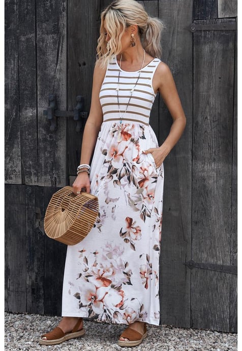 Women's Floral Print Sleeveless Maxi Dress with Pocket in White - Image 3